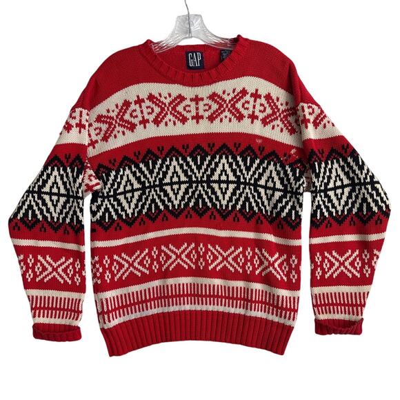 Vintage GAP Fair Isle Nordic Sweater Red Black Cream 90s Y2K hoilday large - Picture 1 of 11